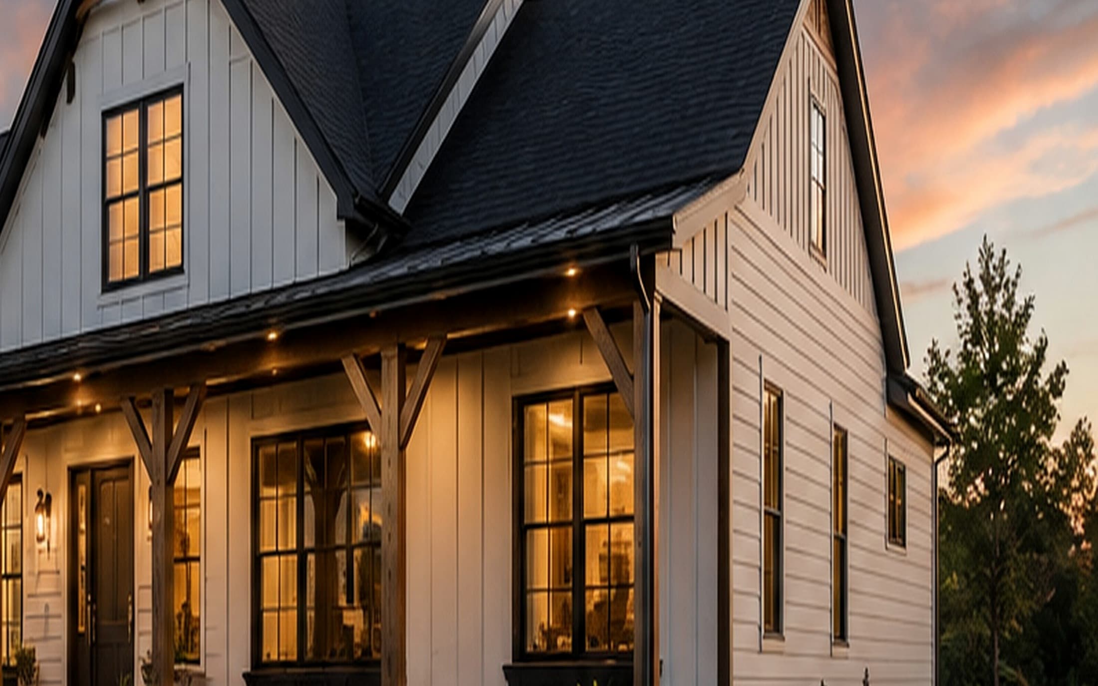 Warmly lit renovated home exterior at dusk